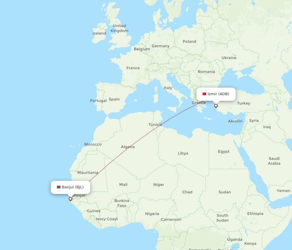 Izmir - Banjul route map and flight paths