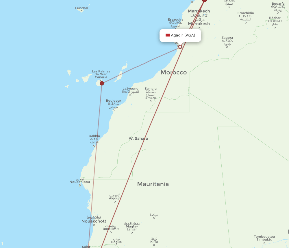 BJL to AGA flights and routes map