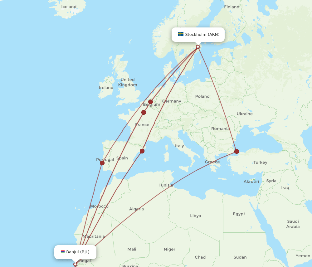 BJL-ARN flight routes