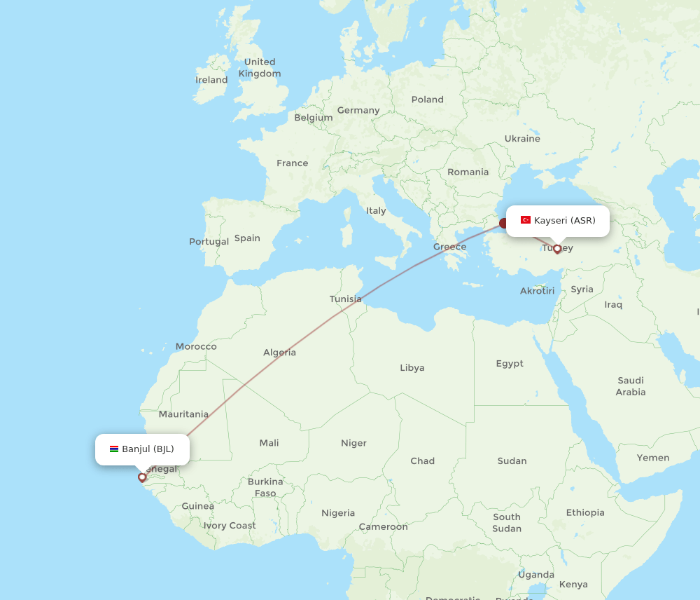 Kayseri - Banjul route map and flight paths