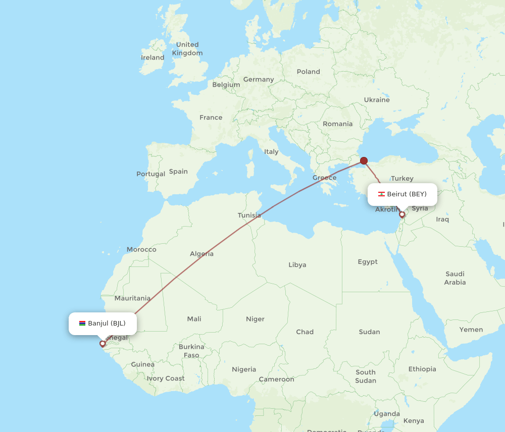 BJL-BEY flight routes