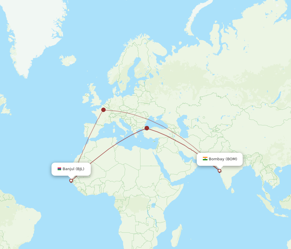 Mumbai - Banjul route map and flight paths