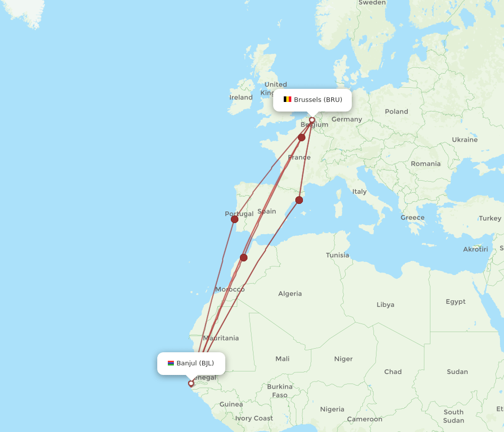 BJL-BRU flight routes