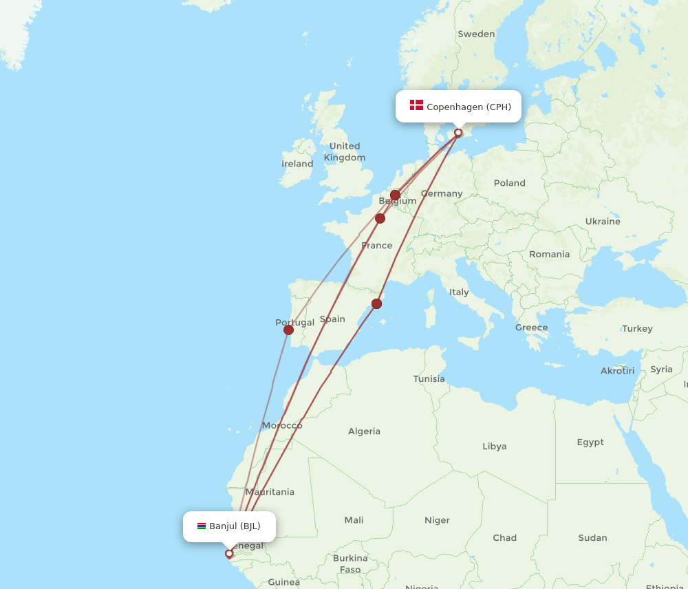 BJL-CPH flight routes