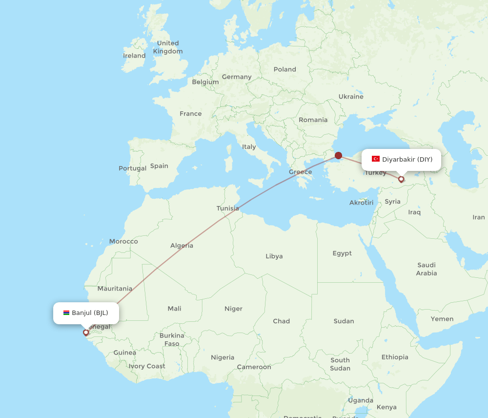 Diyarbakir - Banjul route map and flight paths