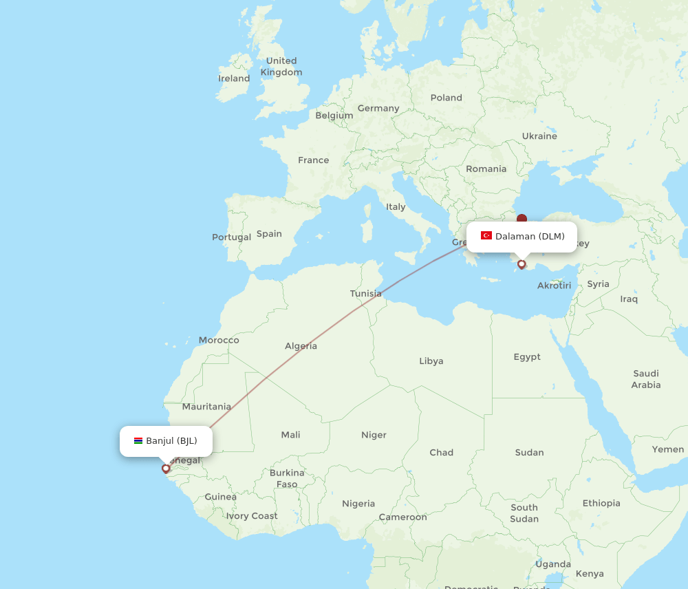 Dalaman - Banjul route map and flight paths