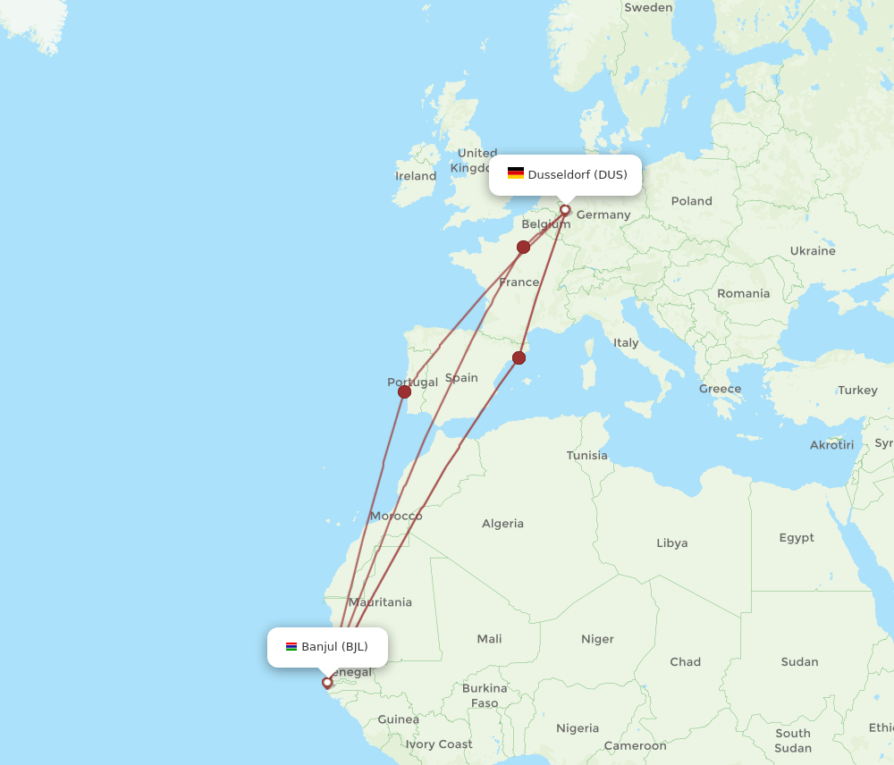 BJL-DUS flight routes