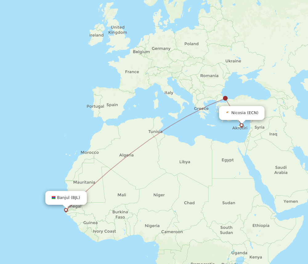 Ercan - Banjul route map and flight paths