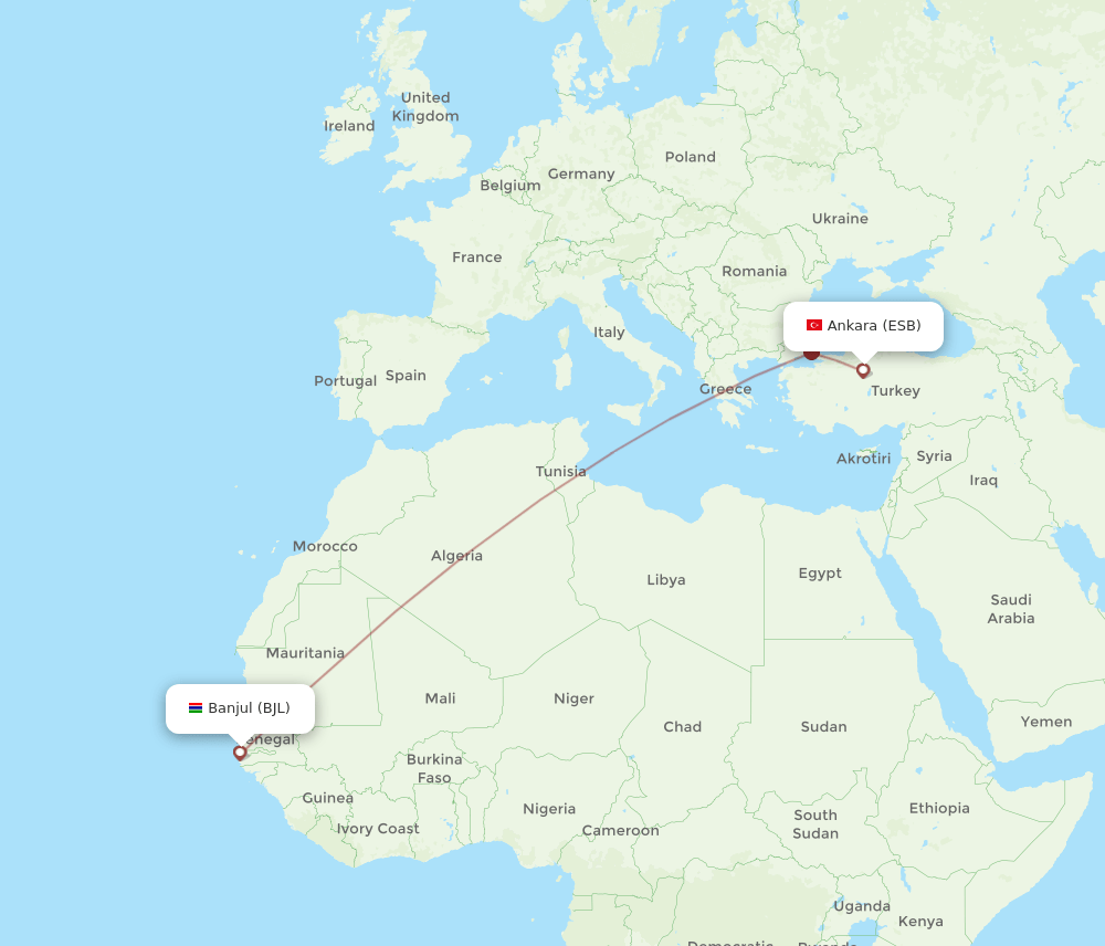 Ankara - Banjul route map and flight paths