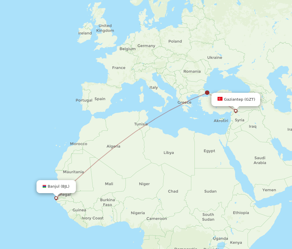 Gaziantep - Banjul route map and flight paths