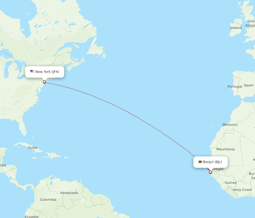 Banjul - New York route map and flight paths