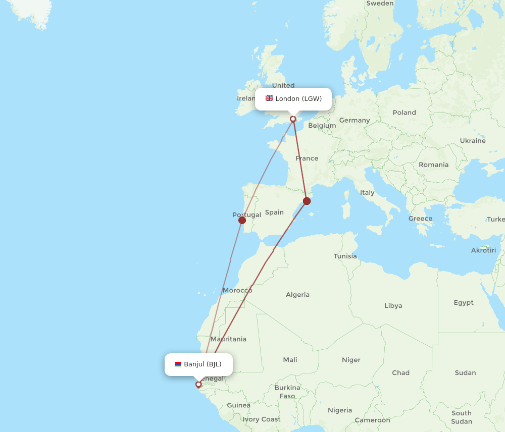 BJL-LGW flight routes