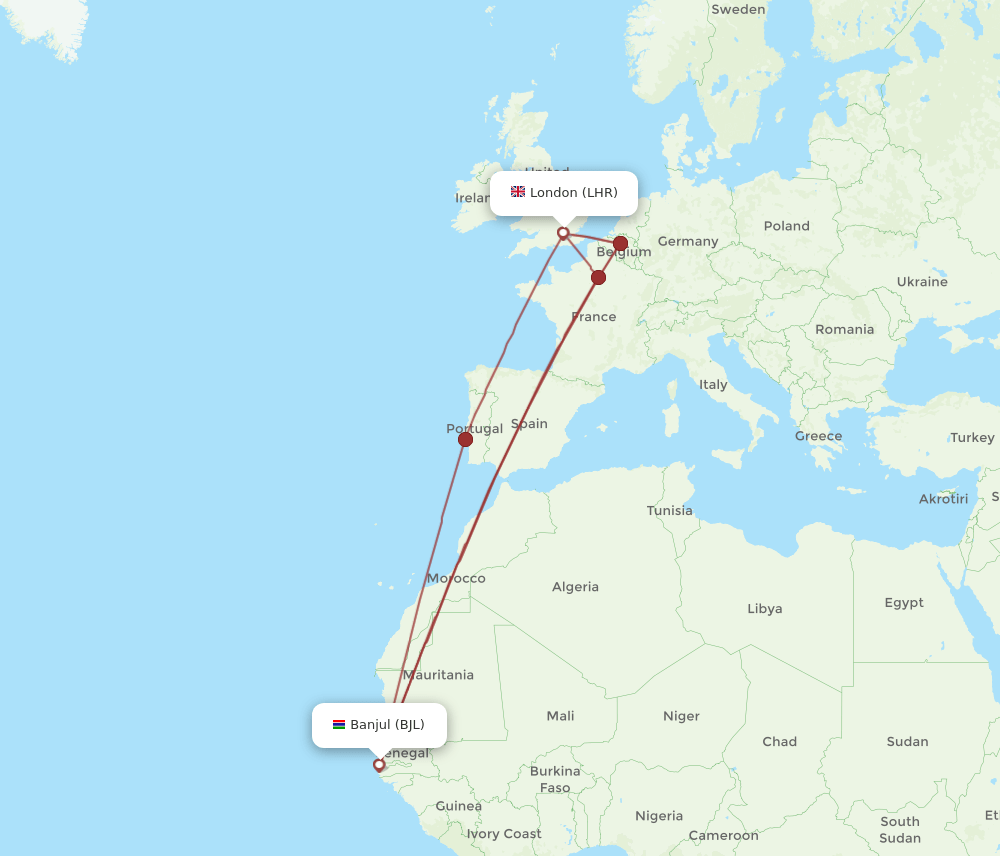BJL-LHR flight routes