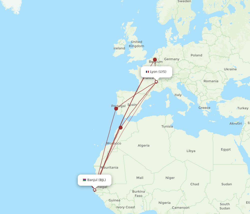 BJL to LYS flights and routes map