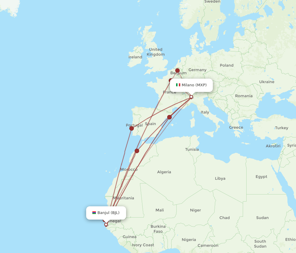 BJL-MXP flight routes