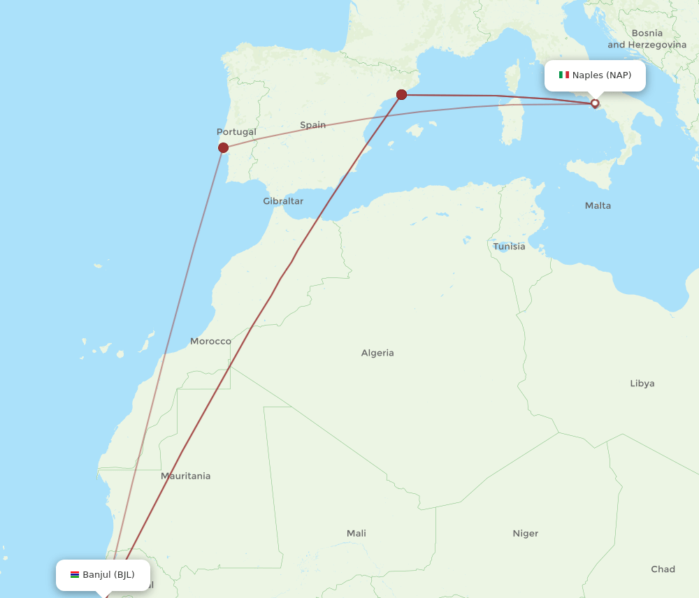 BJL to NAP flights and routes map