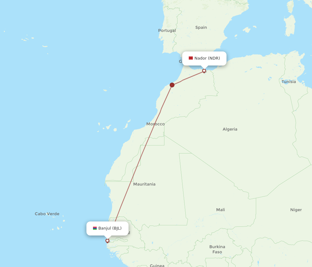 BJL to NDR flights and routes map