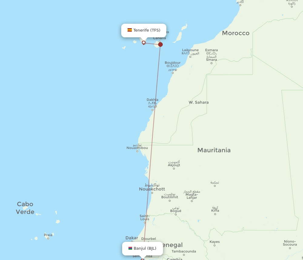 Banjul - Tenerife route map and flight paths