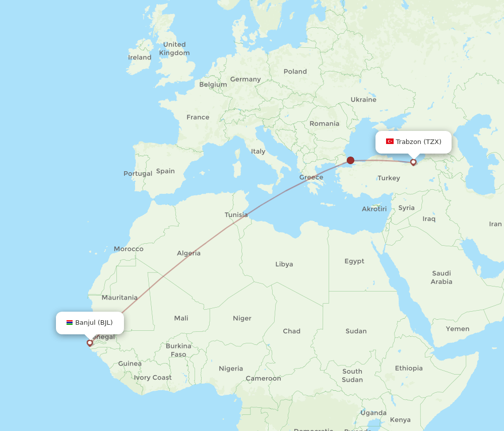 Trabzon - Banjul route map and flight paths