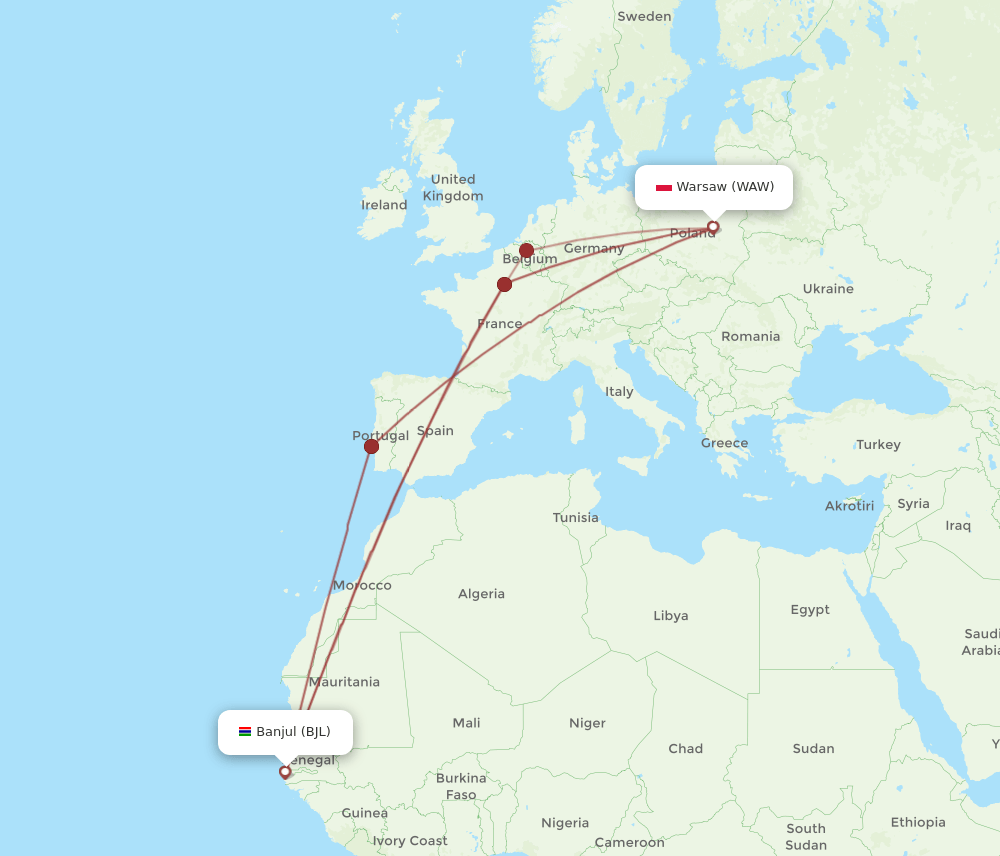 BJL to WAW flights and routes map