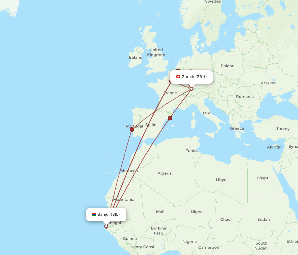 Zurich - Banjul route map and flight paths