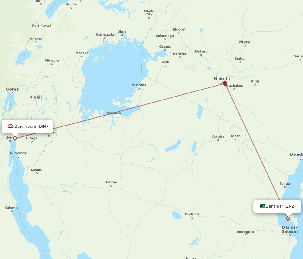 Zanzibar - Bujumbura route map and flight paths