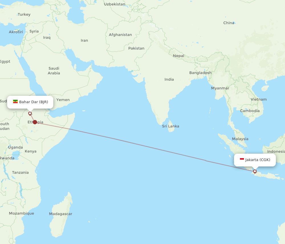 Jakarta - Bahar Dar route map and flight paths