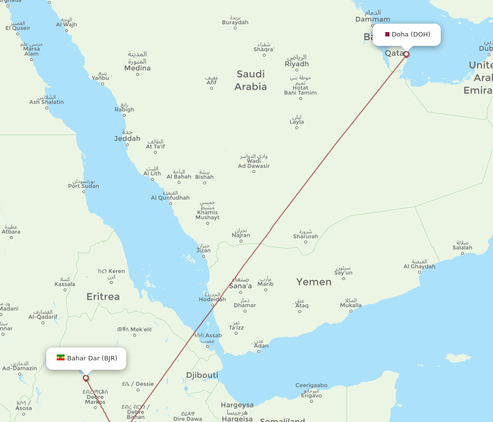 BJR to DOH flights and routes map
