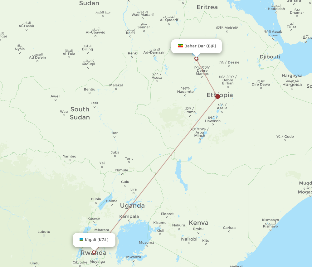 BJR to KGL flights and routes map