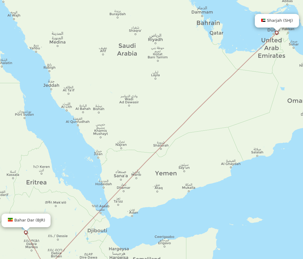 Sharjah - Bahar Dar route map and flight paths