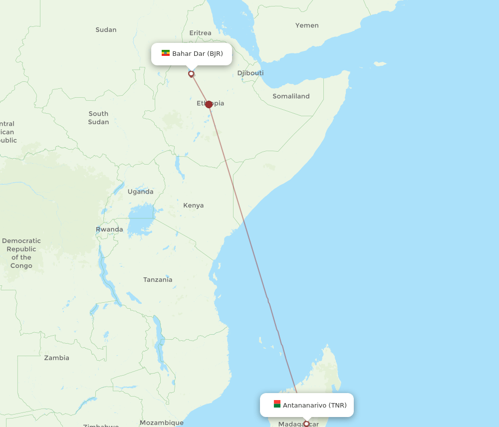 Antananarivo - Bahar Dar route map and flight paths