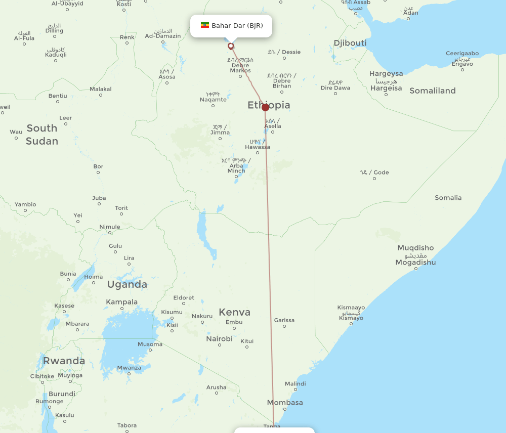 Zanzibar - Bahar Dar route map and flight paths