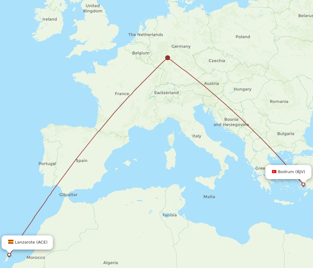 Lanzarote - Bodrum route map and flight paths
