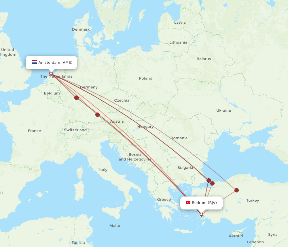 BJV to AMS flights and routes map