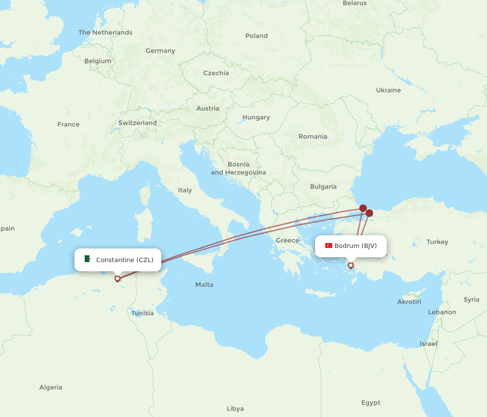 BJV to CZL flights and routes map