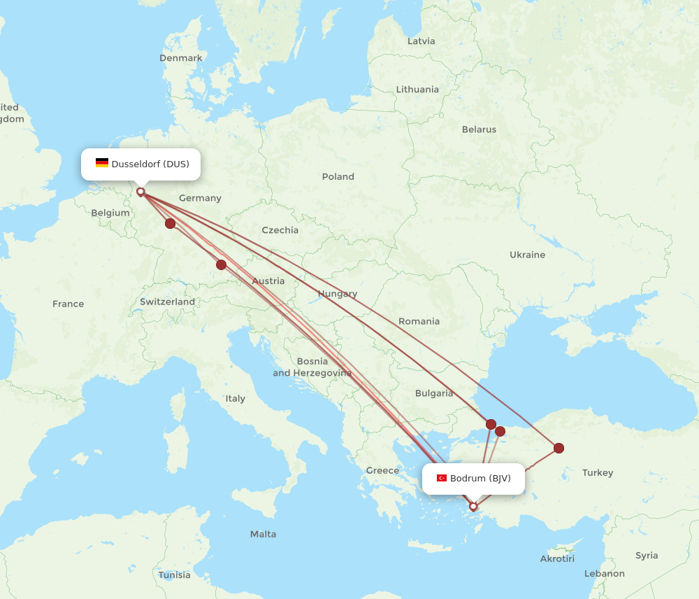 BJV to DUS flights and routes map