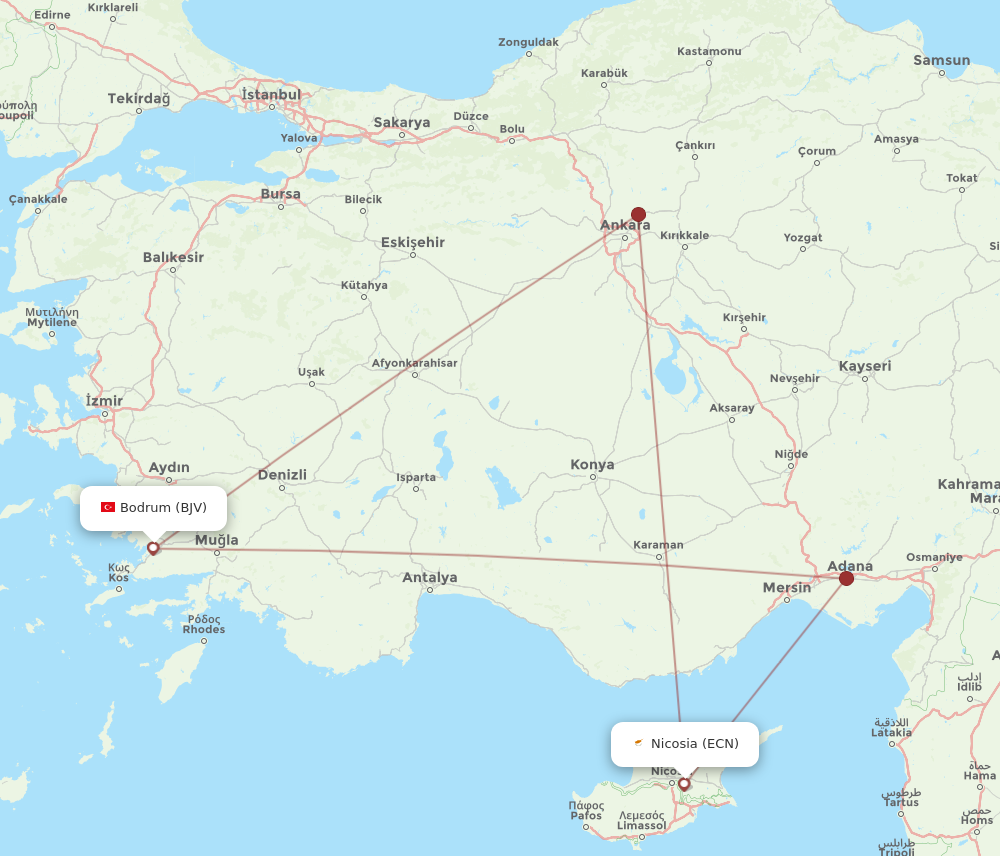 BJV to ECN flights and routes map
