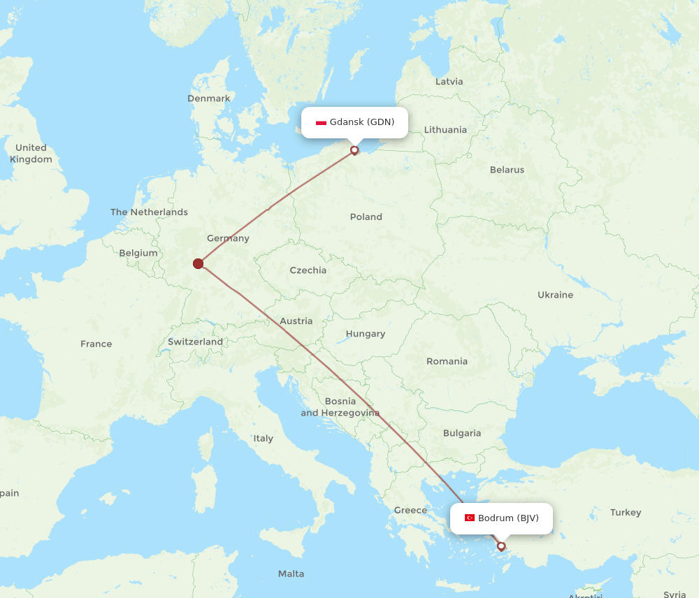 Gdansk - Bodrum route map and flight paths