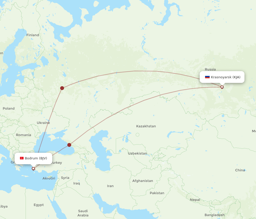 KJA to BJV flights and routes map