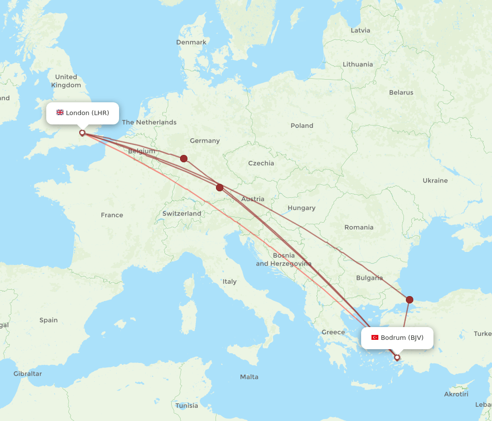 BJV to LHR flights and routes map