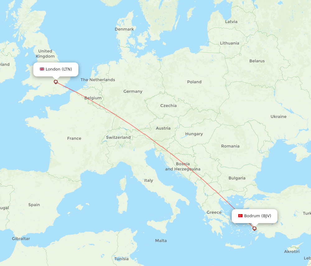 BJV to LTN flights and routes map