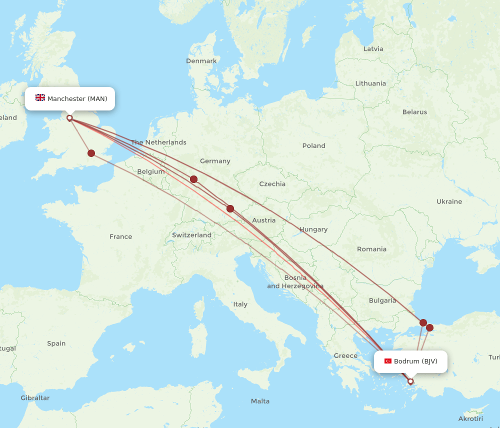 BJV to MAN flights and routes map