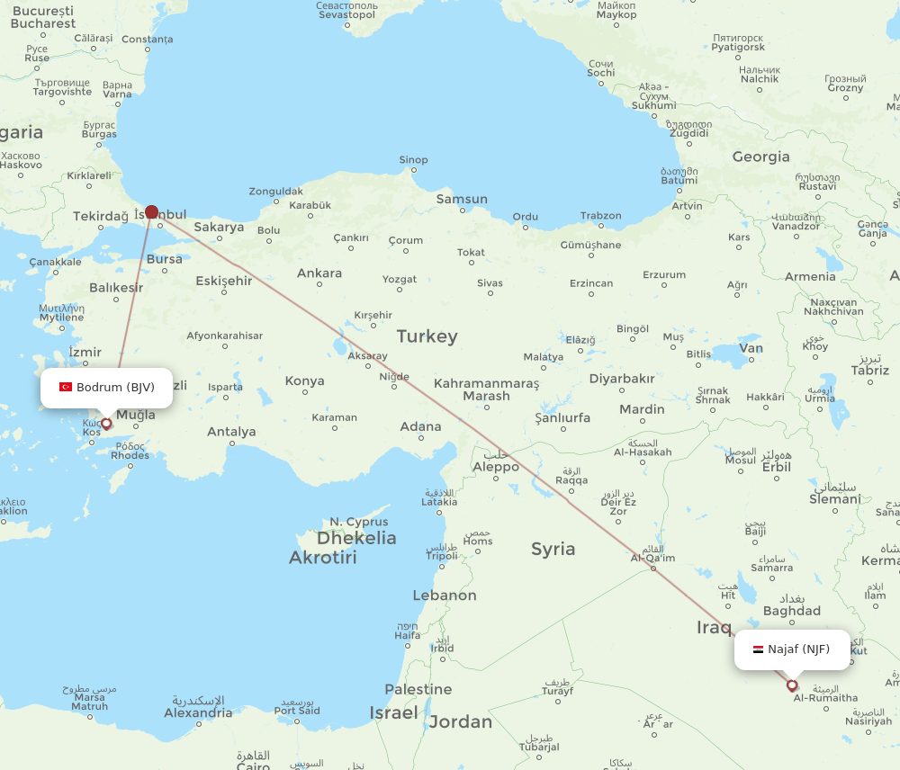 BJV to NJF flights and routes map
