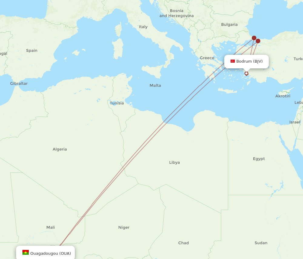 BJV to OUA flights and routes map