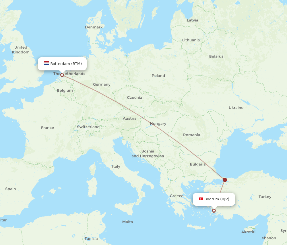 BJV to RTM flights and routes map