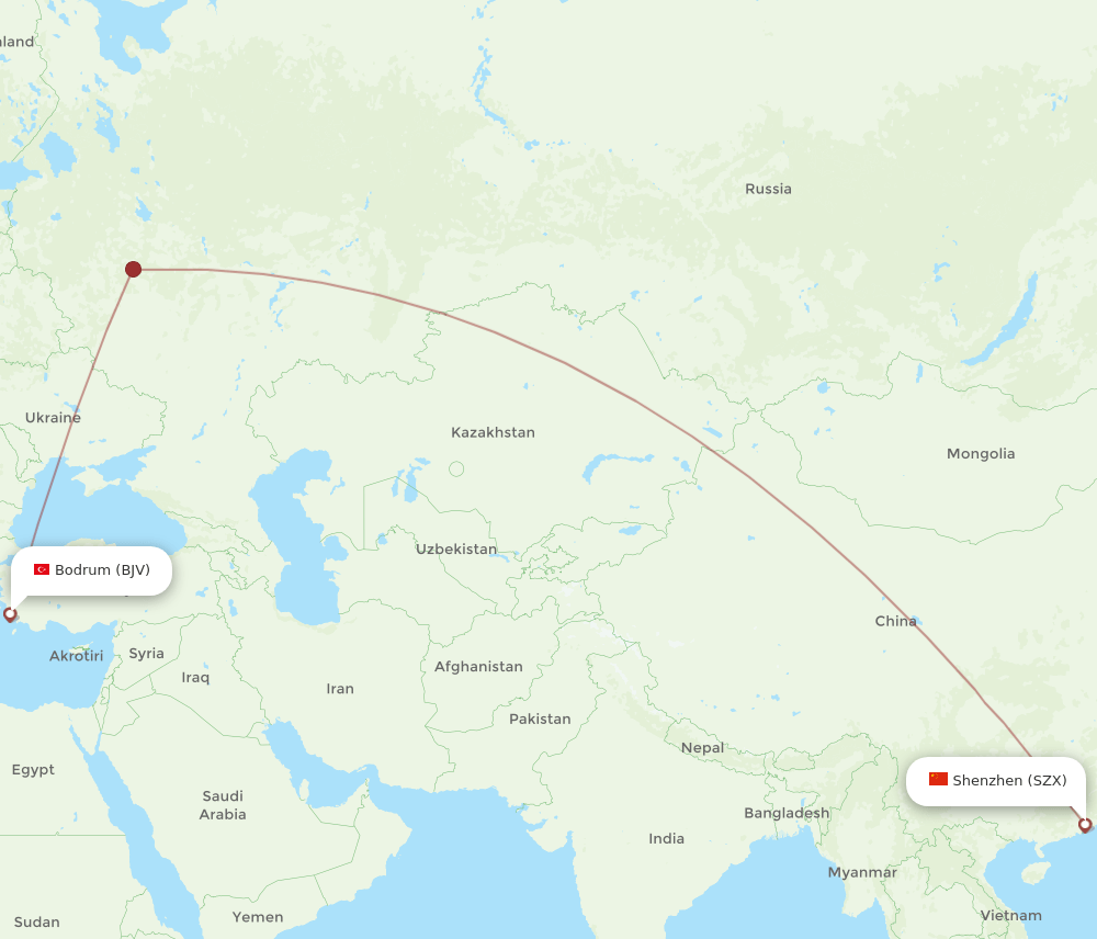 BJV to SZX flights and routes map