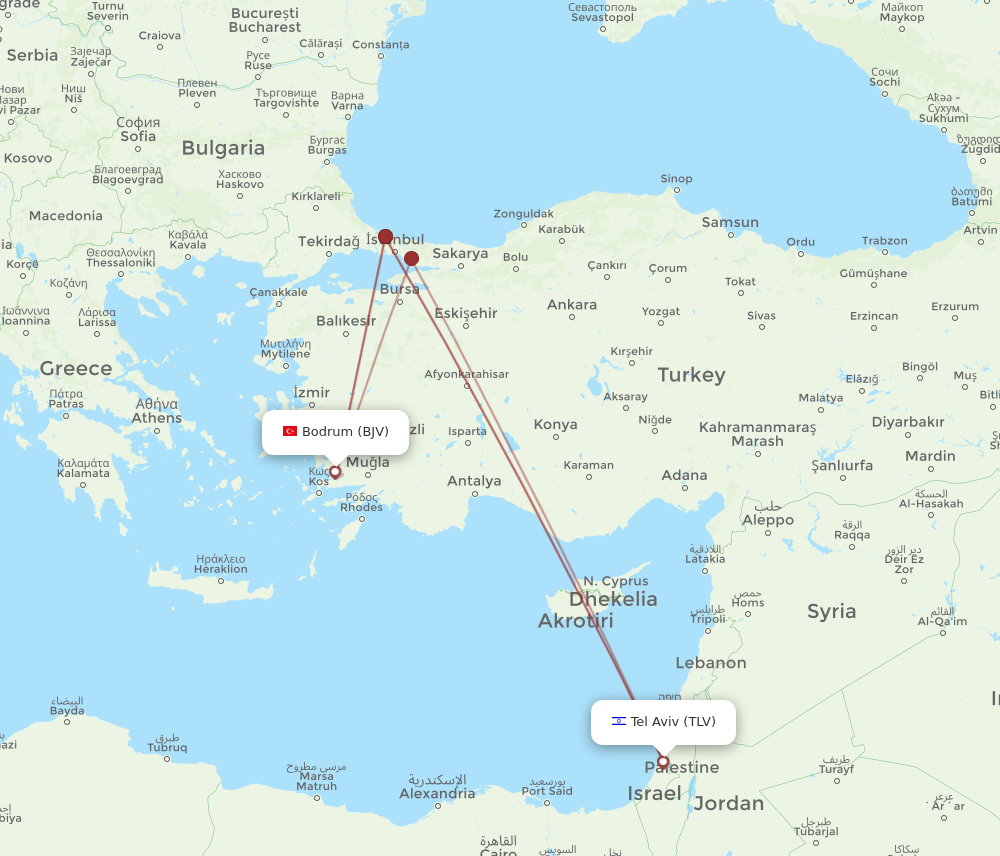 BJV to TLV flights and routes map