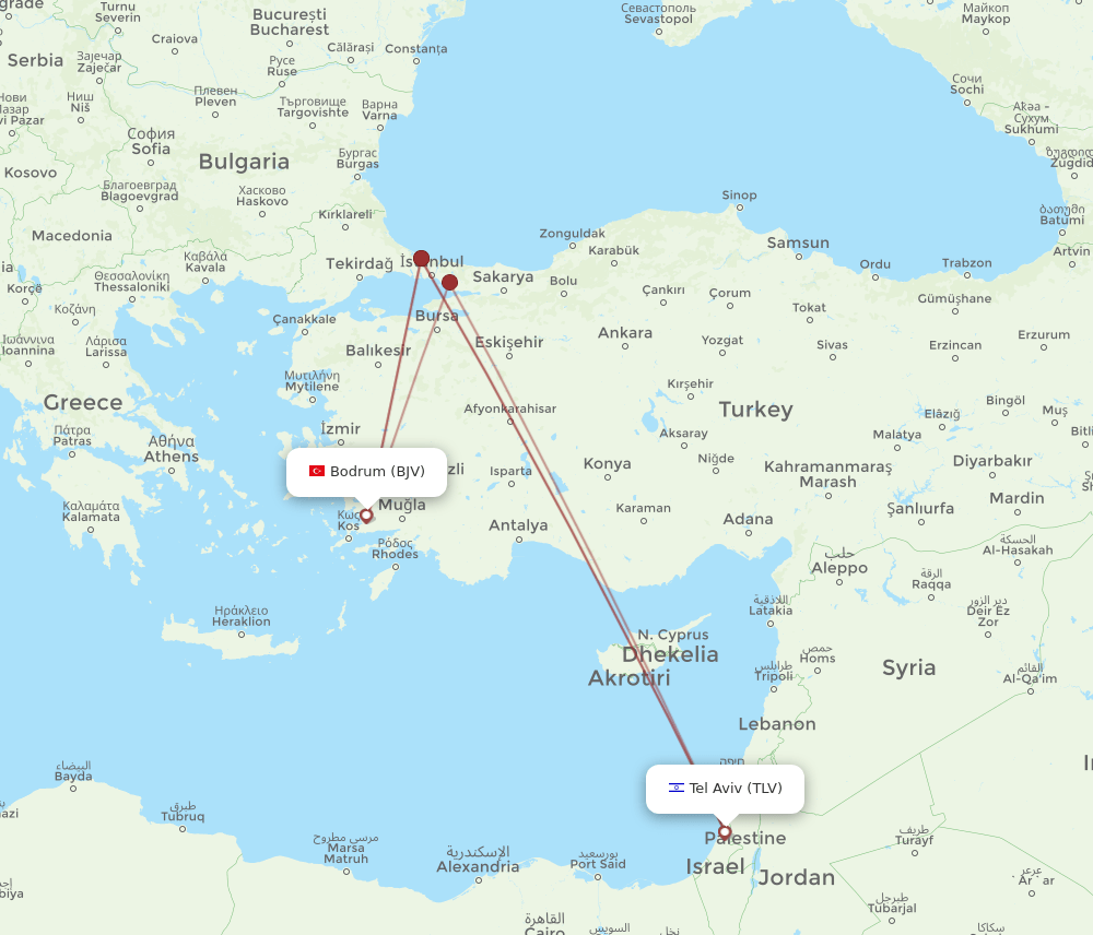 Bodrum - Tel Aviv-Yafo route map and flight paths