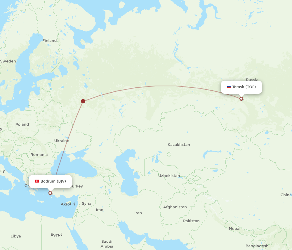 Tomsk - Bodrum route map and flight paths