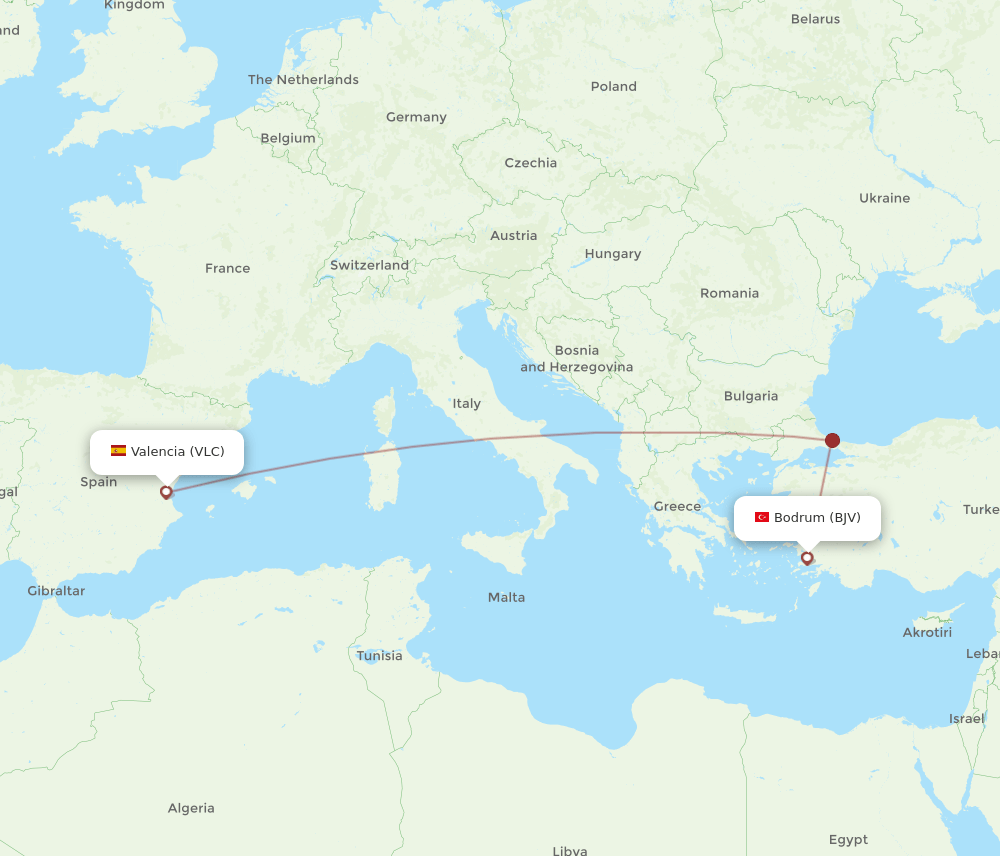 BJV to VLC flights and routes map